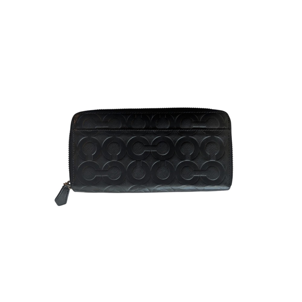Coach Op Art Wallet Accordion Zip Womens Black Embossed Signature C Logo Leather